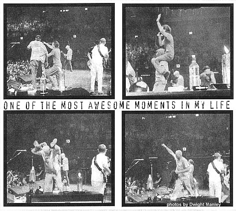 [4 photos of Dennis Rodman on stage w/ PJ; Augusta 9/26/96]