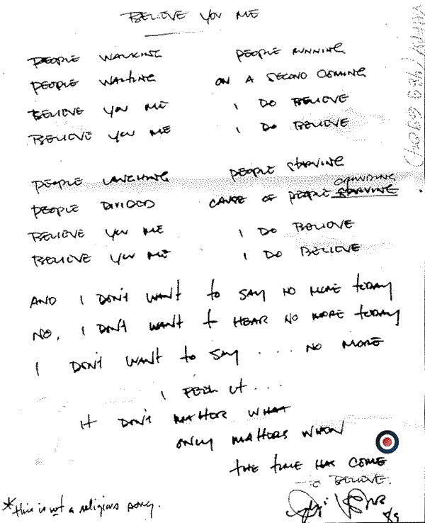 Five Horizons Tour Memorabilia For Pearl Jam Handwritten Lyrics